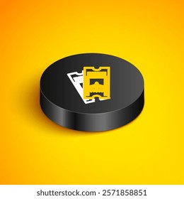 Isometric line Airline ticket icon isolated on yellow background. Plane ticket. Black circle button. Vector