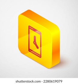 Isometric line Alarm clock app smartphone interface icon isolated on grey background. Yellow square button. Vector