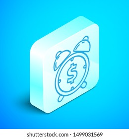 Isometric line Alarm clock with dollar symbol icon isolated on blue background. Time is money. Effective time management. Business concept. Silver square button. Vector Illustration
