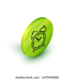Isometric line Alarm clock icon isolated on white background. Wake up, get up concept. Time sign. Green circle button. Vector Illustration