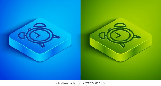 Isometric line Alarm clock icon isolated on blue and green background. Wake up, get up concept. Time sign. Square button. Vector