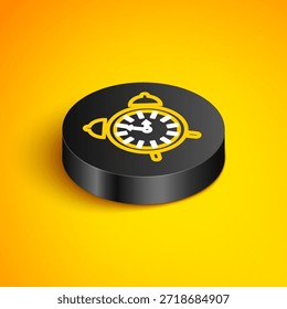 Icono de reloj de alarma de línea isométrica aislado en fondo amarillo. Despierta, levántate concepto. Señal de tiempo. Botón de círculo negro. Vector
