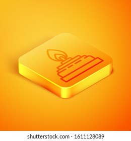 Isometric line Alcohol or spirit burner icon isolated on orange background. Chemical equipment. Orange square button. Vector Illustration