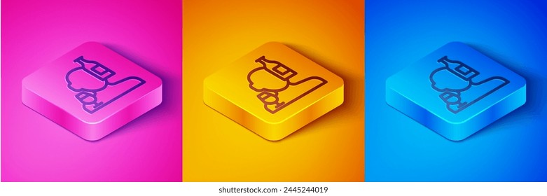 Isometric line Alcoholism, or alcohol use disorder icon isolated on pink and orange, blue background. Square button. Vector