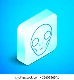 Isometric line Alien icon isolated on blue background. Extraterrestrial alien face or head symbol. Silver square button. Vector Illustration