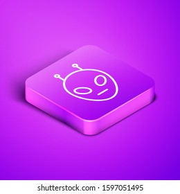 Isometric line Alien icon isolated on purple background. Extraterrestrial alien face or head symbol. Purple square button. Vector Illustration