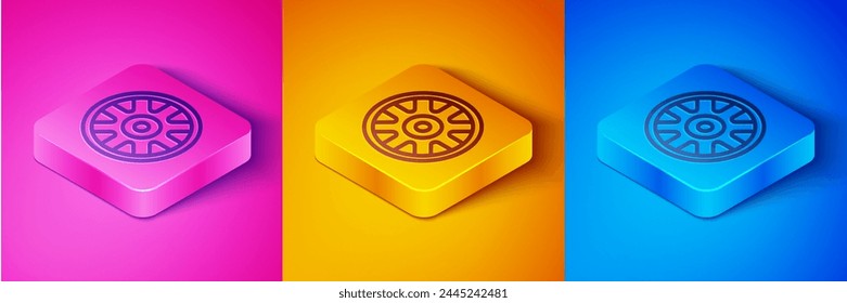 Isometric line Alloy wheel for car icon isolated on pink and orange, blue background. Square button. Vector