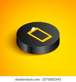 Isometric line Aluminum can icon isolated on yellow background. Black circle button. Vector