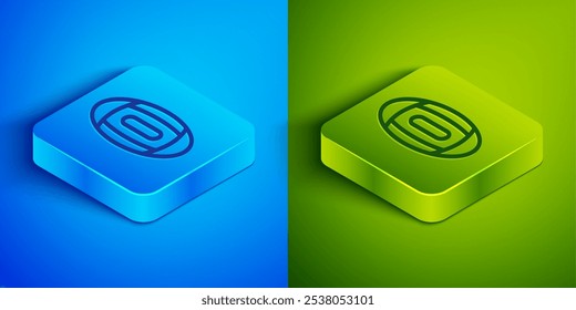 Isometric line American Football ball icon isolated on blue and green background. Rugby ball icon. Team sport game symbol. Square button. Vector Illustration