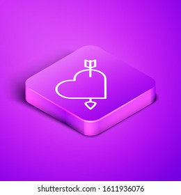 Isometric line Amour symbol with heart and arrow icon isolated on purple background. Love sign. Valentines symbol. Purple square button. Vector Illustration