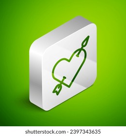 Isometric line Amour symbol with heart and arrow icon isolated on green background. Love sign. Valentines symbol. Silver square button. Vector