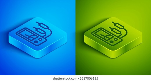 Isometric line Ampere meter, multimeter, voltmeter icon isolated on blue and green background. Instruments for measurement of electric current. Square button. Vector