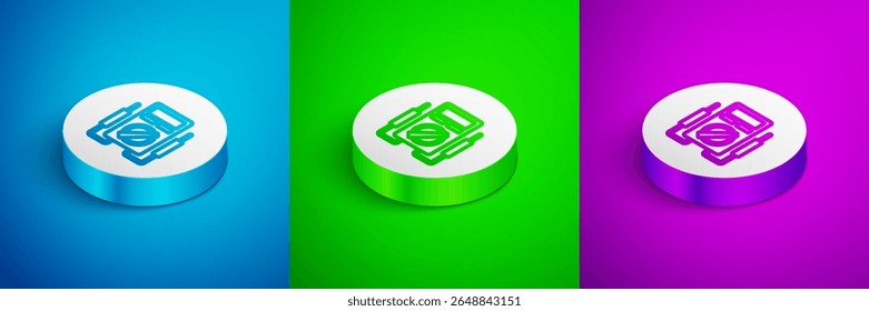 Isometric line Ampere meter, multimeter, voltmeter icon isolated on blue, green and purple background. Instruments for measurement of electric current. White circle button. Vector