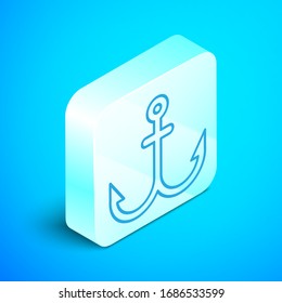Isometric line Anchor icon isolated on blue background. Silver square button. Vector Illustration