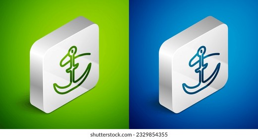 Isometric line Anchor icon isolated on green and blue background. Silver square button. Vector