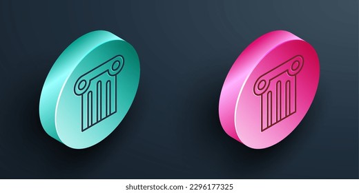 Isometric line Ancient column icon isolated on black background. Turquoise and pink circle button. Vector