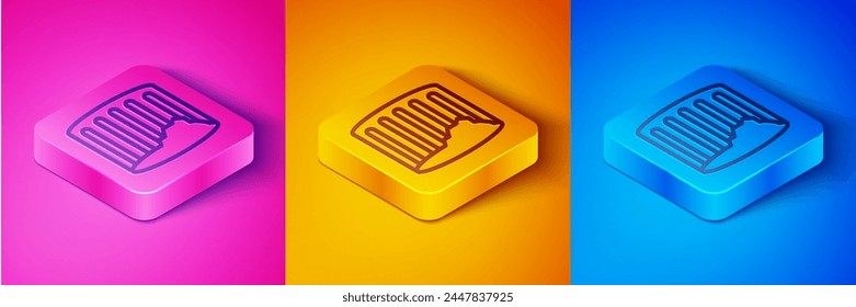 Isometric line Ancient column icon isolated on pink and orange, blue background. Square button. Vector