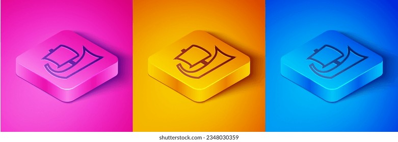 Isometric line Ancient Greek trireme icon isolated on pink and orange, blue background. Square button. Vector