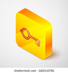 Isometric line Ancient key for game icon isolated on grey background. Yellow square button. Vector Illustration