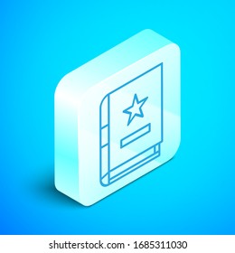 Isometric line Ancient magic book with alchemy recipes and mystic spells and enchantments icon isolated on blue background. Silver square button. Vector Illustration