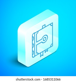 Isometric line Ancient magic book with alchemy recipes and mystic spells and enchantments icon isolated on blue background. Silver square button. Vector Illustration