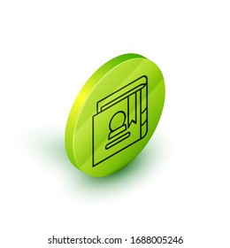 Isometric line Ancient magic book with alchemy recipes and mystic spells and enchantments icon isolated on white background. Green circle button. Vector Illustration