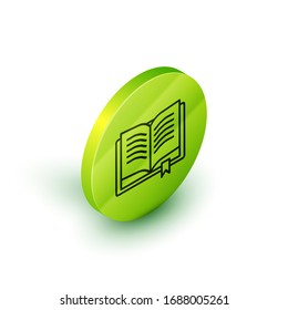 Isometric line Ancient magic book with alchemy recipes and mystic spells and enchantments icon isolated on white background. Green circle button. Vector Illustration