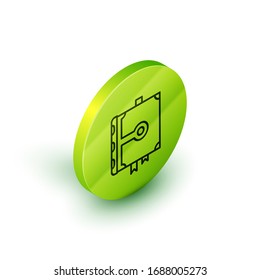 Isometric line Ancient magic book with alchemy recipes and mystic spells and enchantments icon isolated on white background. Green circle button. Vector Illustration