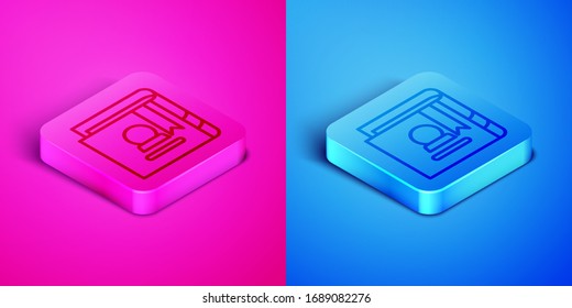 Isometric line Ancient magic book with alchemy recipes and mystic spells and enchantments icon isolated on pink and blue background. Square button. Vector Illustration