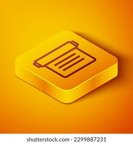 Isometric line Ancient magic book with alchemy recipes and mystic spells and enchantments icon isolated on orange background. Yellow square button. Vector