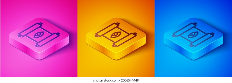Isometric line Ancient magic scroll with alchemy recipes and mystic spells and enchantments icon isolated on pink and orange, blue background. Square button. Vector