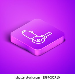 Isometric line Angle grinder icon isolated on purple background. Purple square button. Vector Illustration