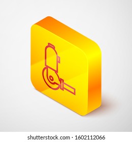 Isometric line Angle grinder icon isolated on grey background. Yellow square button. Vector Illustration