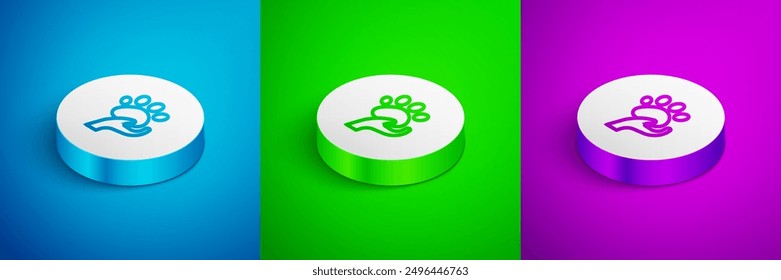 Icono de voluntario animal aislado en fondo azul, verde y púrpura. Concepto de cuidado animal. Botón de círculo blanco. Vector