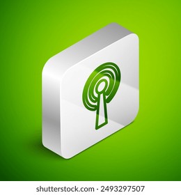 Isometric line Antenna icon isolated on green background. Radio antenna wireless. Technology and network signal radio antenna. Silver square button. Vector