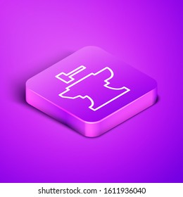 Isometric line Anvil for blacksmithing and hammer icon isolated on purple background. Metal forging. Forge tool. Purple square button. Vector Illustration