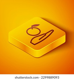 Isometric line Apple in hand icon isolated on orange background. Fruit with leaf symbol. Yellow square button. Vector Illustration
