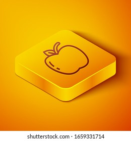 Línea isométrica Icono de Apple aislado en fondo naranja. Fruta con símbolo de hoja. Botón cuadrado amarillo. Ilustración vectorial