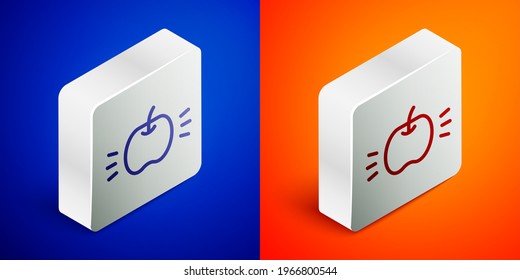 Isometric line Apple icon isolated on blue and orange background. Fruit with leaf symbol. Silver square button. Vector