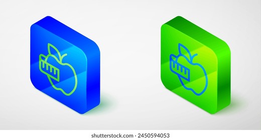 Isometric line Apple and measuring tape icon isolated on grey background. Excess weight. Healthy diet menu. Fitness diet apple. Blue and green square button. Vector