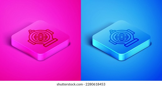 Isometric line Aqualung icon isolated on pink and blue background. Diving helmet. Diving underwater equipment. Square button. Vector