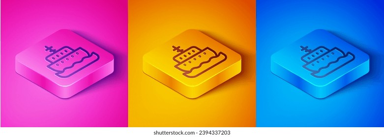 Isometric line Ark of noah icon isolated on pink and orange, blue background. Wood big high cargo. Square button. Vector