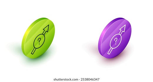 Isometrisches Linien-Pfeilsymbol einzeln auf weißem Hintergrund. Richtung Pfeilspitze Symbol. Navigationszeigerzeichen Grüne und violette Kreis-Tasten. Vektorgrafik