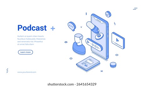 Isometric line art banner features vibrant podcast elements, including a microphone, audio waveforms, and visual representations of a listener.