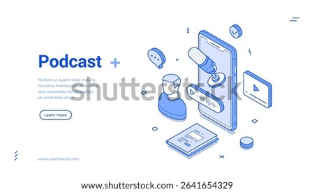 Isometric line art banner features vibrant podcast elements, including a microphone, audio waveforms, and visual representations of a listener.