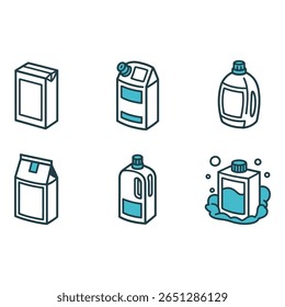 Isometric Line Art Cleaning Product Packaging Icons Cartons and Bottles Modern Clean Design Versatile Commercial Use