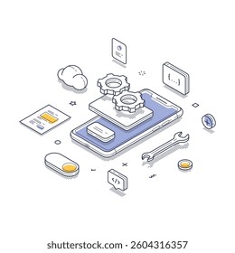 Isometric line art concept of app development. Central elements include a smartphone surrounded by icons like cloud storage, coding symbols, and tools. Modern isometric line art vector illustration