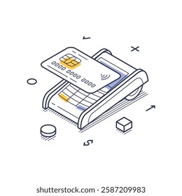 Isometric line art design of a contactless card payment process. A card is presented above a payment terminal, highlighting modern online payment methods. Vector illustration