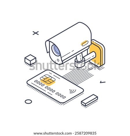 Isometric line art design featuring a surveillance camera and a payment card. The elements emphasize the theme of internet security in a modern context. Vector illustration