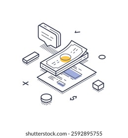 Isometric line art design of financial elements related to online markets, featuring currency, documents, and chat icons, emphasizing digital transaction concepts. Vector illustration
